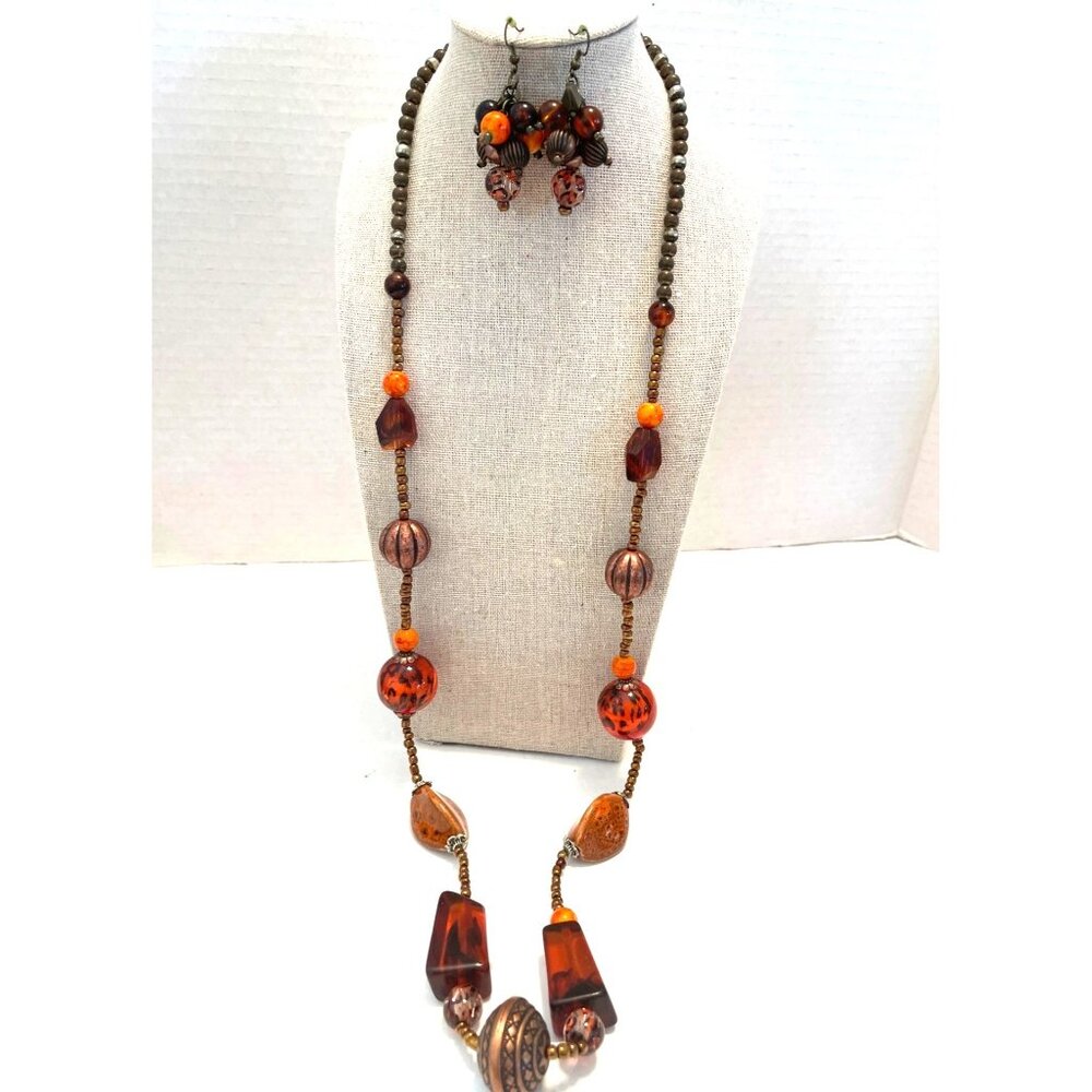 Y2K Leopard Amber Brown Orange Beaded Necklace Earring Set Boho Autumn Statement - Picture 2 of 12